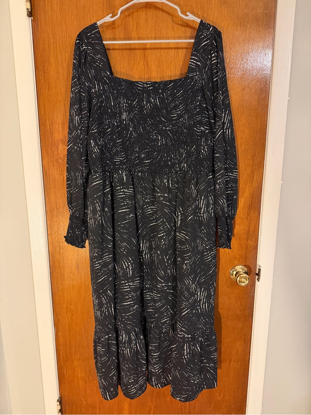 Black Patterned Long Sleeve Square Neck Dress